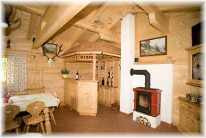 a kitchen with a wood stove in a cabin at Hauslhof in St. Wolfgang