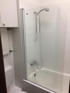a bathroom with a glass shower with a toilet at Apartment Johanna in Braunlage