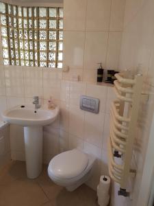 a white bathroom with a toilet and a sink at Villa Farage in Mielno