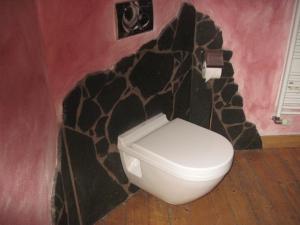 a bathroom with a toilet with a fake rock wall at Ferienwohnung Zum Landsknecht in Lissendorf