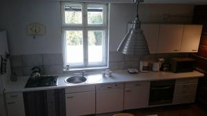 a kitchen with a sink and a window at Chata góralska Wojtasówka in Kamesznica