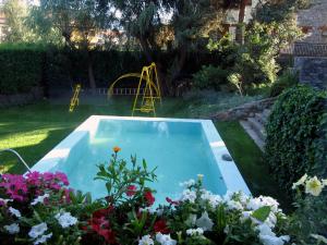 a small swimming pool in a yard with flowers at Hotel Martinez in Puigcerdà