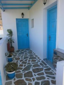 a hallway with two blue doors and potted plants at Georgia Studios in Katapola