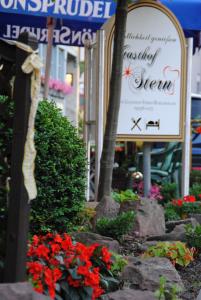 einen Garten mit roten Blumen vor einem Gebäude in der Unterkunft Gasthof Stern in Burgsinn