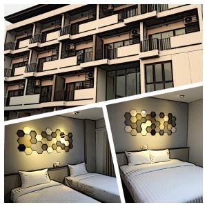 two pictures of a building with two beds in front at M2 Hotel in Phayao