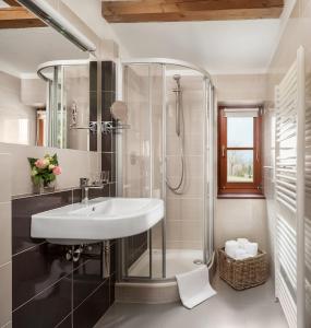 uma casa de banho com um lavatório e um chuveiro em Aneta Hotel & Restaurant em Vítkovice