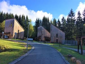 a road leading to two wooden barns in a forest at HT Chalets Harrachov in Harrachov