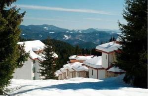 a group of buildings with snow on the roofs at Snow White's Secret Chalet in the Forest in Pamporovo