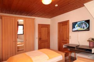 Schlafzimmer mit einem Bett, einem Schreibtisch und einem TV in der Unterkunft Pension La Cascina in Tuttlingen