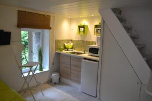 a small kitchen with a sink and a microwave at Maison Sous Le Pont in Meyras