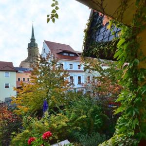 - une vue sur une ville avec des bâtiments et des arbres dans l'établissement Haus Buchheim - Pension am Schloss, à Bautzen