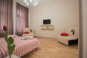 a room with a bed and a chair and a tv at Cathedral Apartment in Lviv