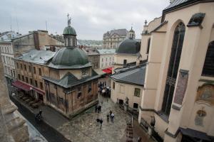 an overhead view of a city street with buildings at Cathedral Apartment in Lviv