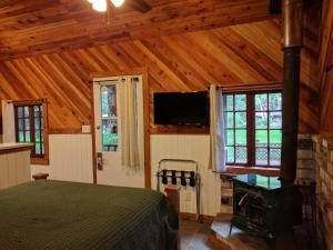 a bedroom with a bed and a tv at Emerald Forest Cabins in Trinidad