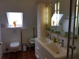 Un baño con lavabo, inodoro y espejo. en Ferienwohnung Prinz, en Lathen 12 fotos más