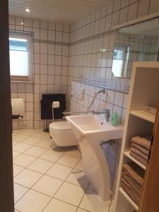 a bathroom with a sink and a toilet and a mirror at Ferienwohnung Regenbogen in Kappel-Grafenhausen