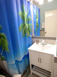 baño con lavabo y cortina de ducha azul en Beach Studio 4, en Ocho Ríos