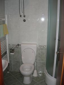 uma casa de banho com um WC e um chuveiro em Apartmani Apollo em Split