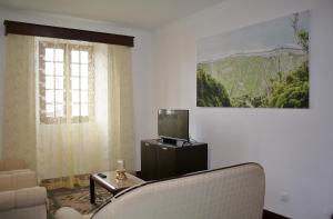 sala de estar con TV, sofá y TV en Casa Azul Natura en Ponta Delgada