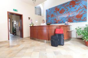 Ein Mann steht an der Rezeption mit Gepäck in der Unterkunft Hotel Stadt Wien in Bad Schallerbach