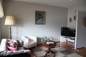 een woonkamer met een bank en een tv bij Vanhan Meijerin Majatalo Apartment in Varkaus
