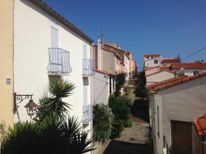 an alley with white buildings and a palm tree at Maison Banyuls in Banyuls-sur-Mer