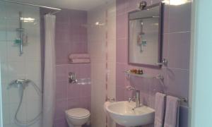 ein Badezimmer mit Waschbecken, Toilette und Dusche in der Unterkunft Apartment Setaliste in Brčko