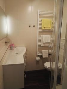 Hotel Gasthof Momm في برونتال: حمام أبيض مع حوض ومرحاض