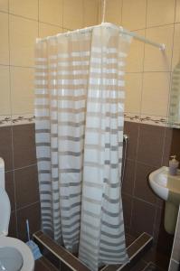łazienka z zasłoną prysznicową i umywalką w obiekcie Hotel Martisorul w mieście Kaczyka
