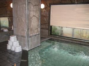 a pool of water in a bathroom with a window at Hotel Route-Inn Myoko Arai in Myoko
