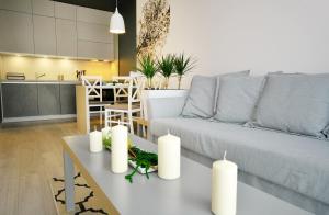 uma sala de estar com um sofá e uma mesa com velas em Apartamenty REZULAK Solna B104 204 303 em Kolobrzeg
