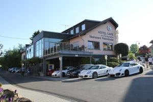een groep auto's geparkeerd voor een gebouw bij Hotel Am Tiergarten in Nürburg