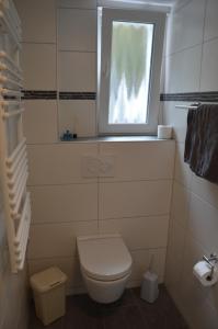 a small bathroom with a toilet and a window at Ferienapartments Cafe Stilbruch in Heimbach