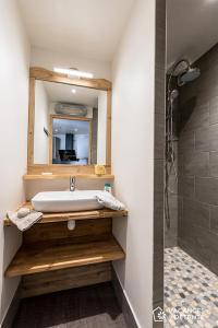 a bathroom with a sink and a mirror and a shower at Nazca C8 in Val Thorens