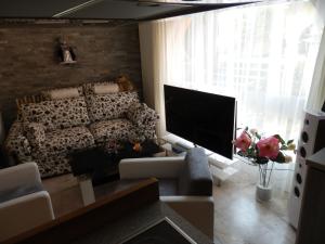 sala de estar con sofá y TV de pantalla plana en Luxeriöses Apartment 52 ViraLago, en Vira