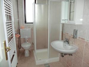 a bathroom with a shower and a sink and a toilet at Pansion Izvor in Korenica +33 photos