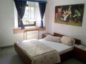 斯洛維尼亞比斯特里察的住宿－Guesthouse Veles，卧室配有一张床,墙上挂有绘画作品