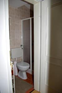 a bathroom with a toilet and a door open at Apartment Zupan in Maribor