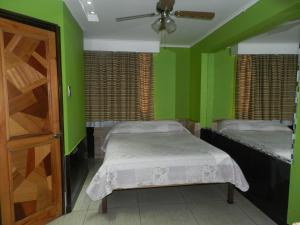 Habitación con 2 camas y paredes verdes en Hotel Guayaquil en Santiago