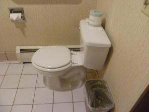 a bathroom with a toilet and a trash can at Timber Inn Motel in Phillips