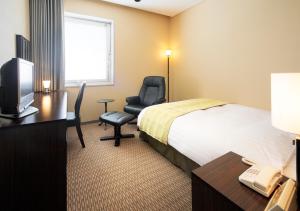 a hotel room with a bed and a desk and a chair at Hotel Nikko Tsukuba in Tsukuba +39 photos