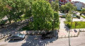 Deux voitures garées dans un parking d'une ville dans l'établissement Megas Alexandros, à Paralia Katerinis