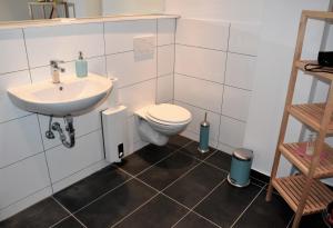 a bathroom with a toilet and a sink at Work & stay exclusive apartment in Düsseldorf