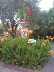 a fountain in a garden with flowers and plants at La Casa di Rosa in Ioppolo