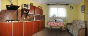 a kitchen with a couch and a table in a room at Sadyba Lesivykh in Slavske