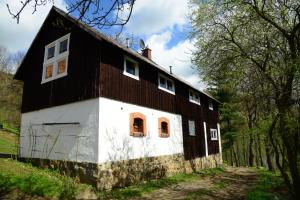 czarno-biały dom w lesie w obiekcie Apartament U Dudka w mieście Wójtowice