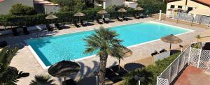 an overhead view of a swimming pool with umbrellas and a palm tree at Calanica Resort in Cefalù
