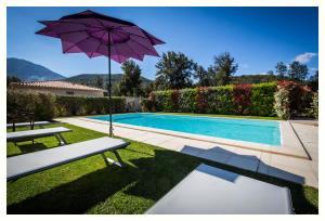 a pool with a purple umbrella and a table and a bench at Villa 4 étoiles Sole di Corsica in Cauro