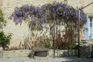 a garden with purple wisterias hanging from a building at Les Carmes and spa in Le Thor