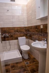 une salle de bains avec toilettes et lavabo dans l'établissement Megas Alexandros, à Paralia Katerinis